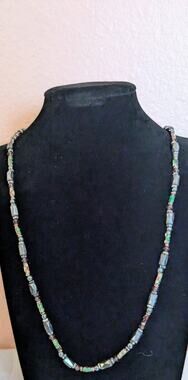 Vintage 36” Cloisonne Enamel & Faceted Hematite Bead Long Opera Necklace Boho